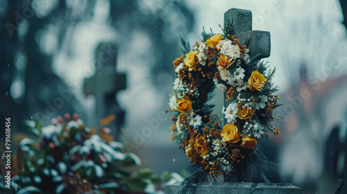 A funeral wreath against the background of a monument to the deceased