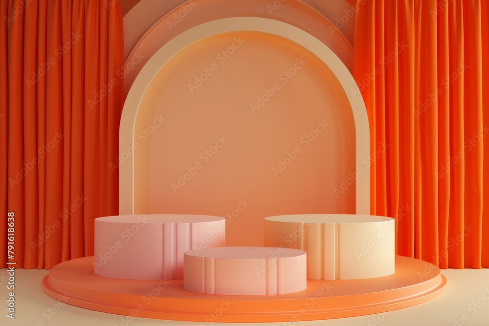 Three Product Display Podiums For New Product Presentation On a Luxury Orange Background, Classic Concept