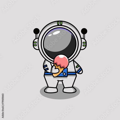 cute vector design illustration of an astronaut mascot holding an icecream