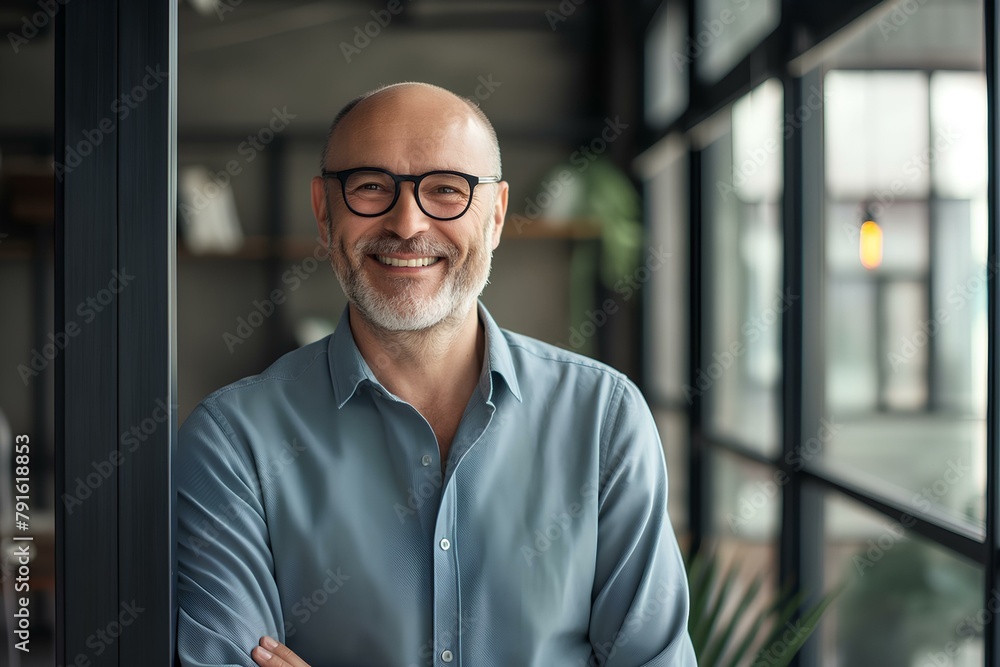 a smiling middle-aged businessman in casual shirt and glasses standing against modern office, copy space for text. generative AI a smiling middle-aged businessman in casual shirt and glasses standing against modern office, copy space for text. generative AI