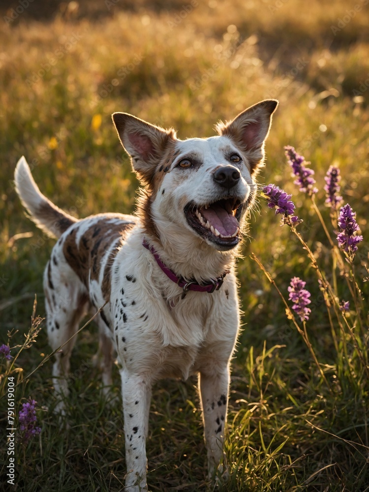 Canine figure stands amidst field, bathed in warm glow of setting sun. Face of canine obscured, adding touch of mystery to scene. Field dotted with wildflowers. Canine figure stands amidst field, bathed in warm glow of setting sun. Face of canine obscured, adding touch of mystery to scene. Field dotted with wildflowers.