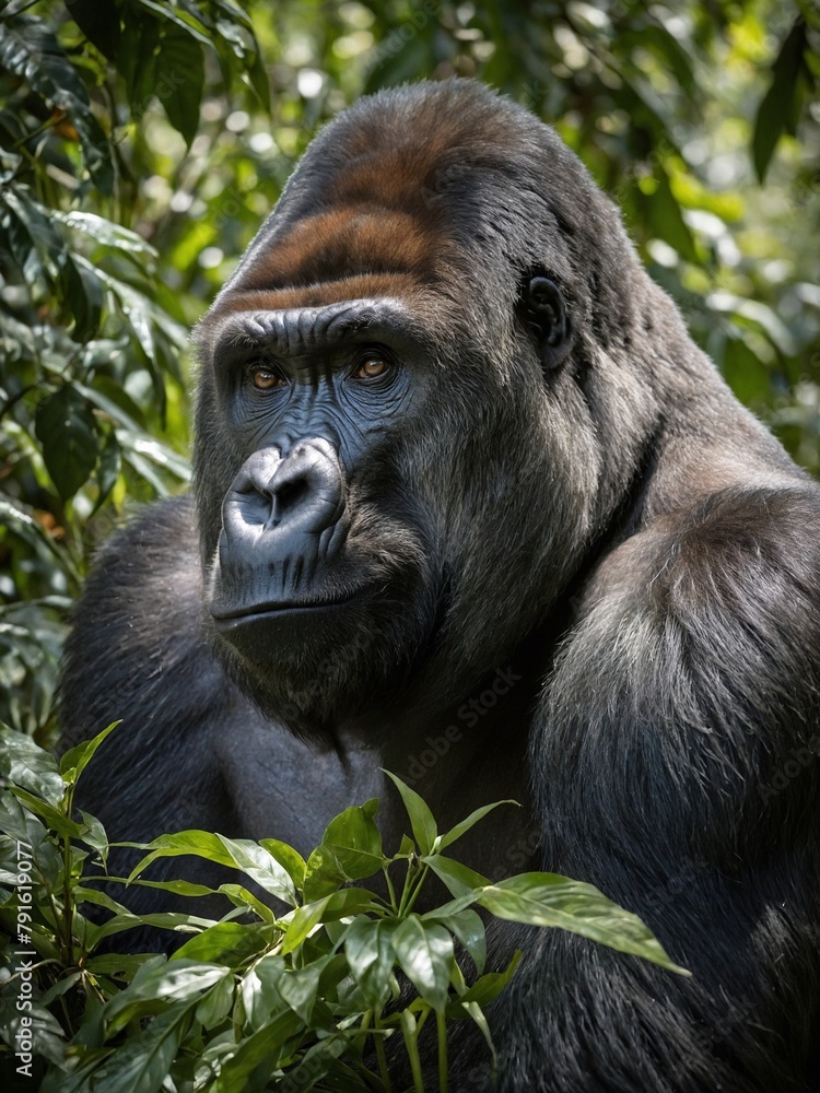Obraz premium Gorilla nestled among lush green foliage, its dark fur contrasting with vibrant leaves surrounding it. Creatures thoughtful gaze directed away from camera, giving sense of contemplation, rest.