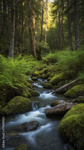 Tranquil stream meanders through dense, lush forest. Sunlight filters through leafy canopy, casting dappled light on forest floor. Water gently cascades over moss-covered rocks, creating serene scene. © Tamazina