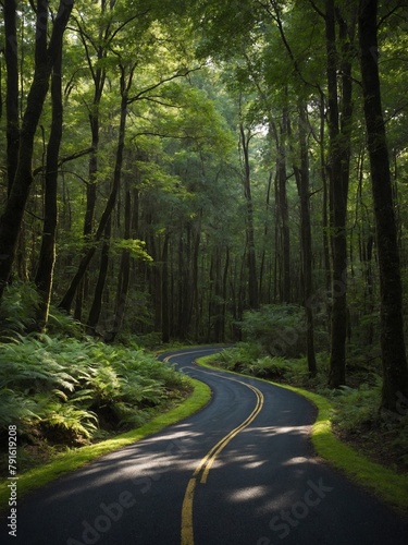 Winding road cuts through dense, lush forest, with sunlight filtering through tall trees, casting dappled shadows on pavement. Ferns, undergrowth line roadside, enhancing sense of serene. © Tamazina