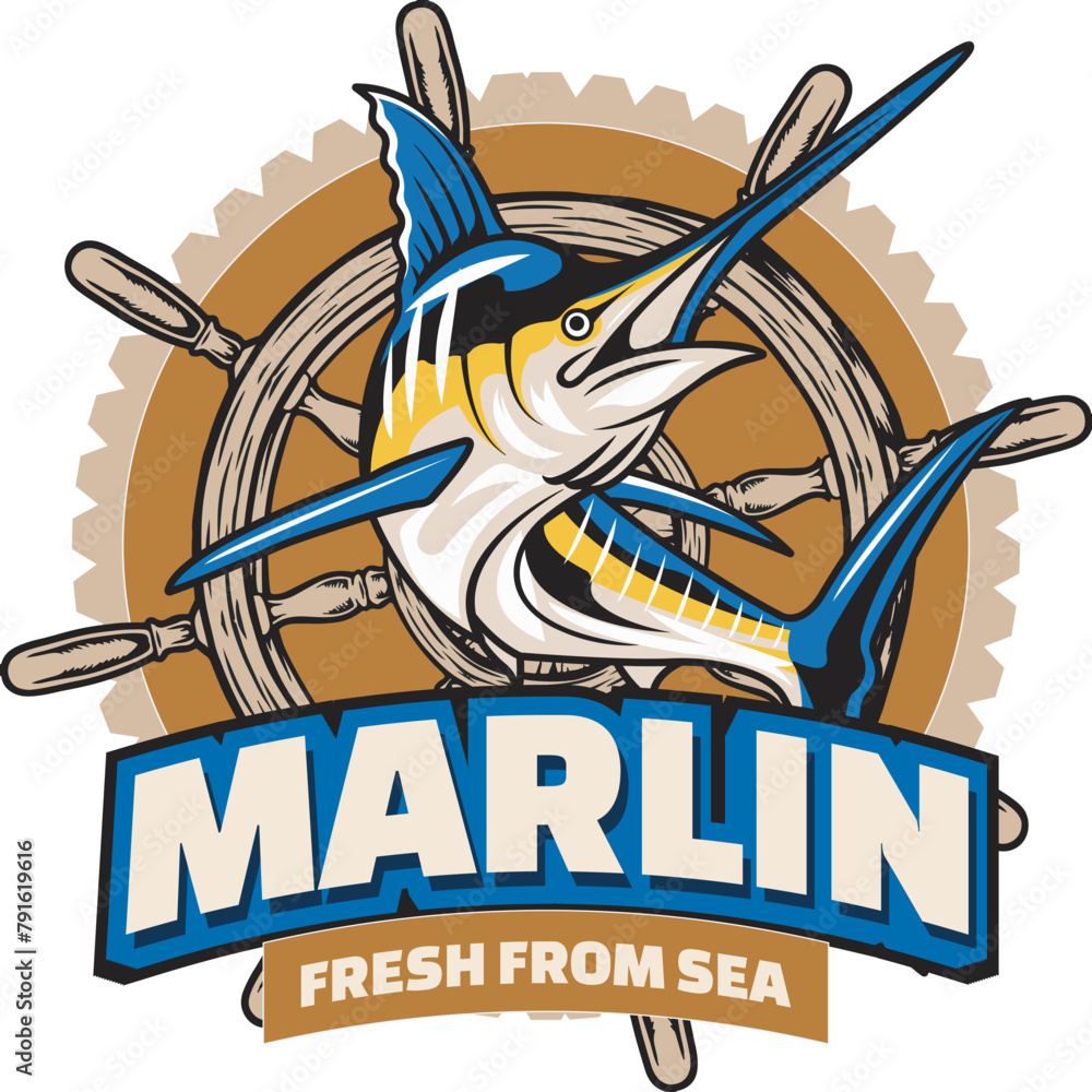 Vector Illustration of Marlin Fish and Ship Steering with Vintage Illustration Available for Logo Badge