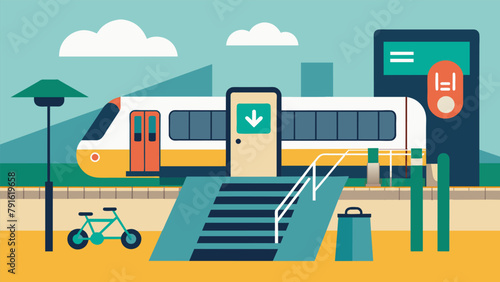 A commuter train station with accessible boarding ramps audio announcements and braille signage for individuals with visual or auditory