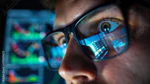 Dedicated cryptocurrency trader and analyst working with glasses on, examining computer screen reflected in glasses. close-up reflection of the eyes