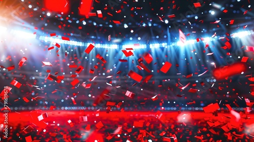 Vibrant Concert Scene with Dynamic Red Confetti, Bright Stage Lights and Celebration Atmosphere. Perfect for Event Backgrounds. AI