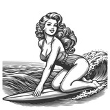 pin-up surfer girl gracefully riding a wave, her hair flowing in the sea breeze sketch engraving generative ai fictional character raster illustration. Scratch board imitation. Black and white image.