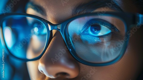 Girl uses the internet for work. laptop reflection on the glasses. view of a woman's eyes up close while wearing black computer glasses. blue light and ray protection for the eyes. photo