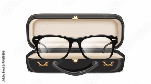 Case with black-framed glasses. spectacles, eyewear, or vision aids. Support for those who are farsighted, shortsighted, or visually impaired. Isolated on white backdrop.