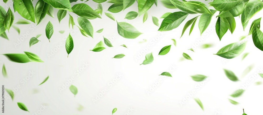green tea leaves falling abstract background on white background green tea leaves falling abstract background on white background