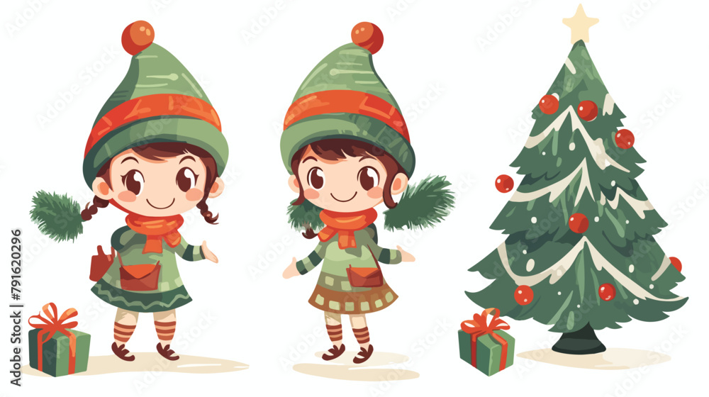 Illustration of small cute elves decorating Christm