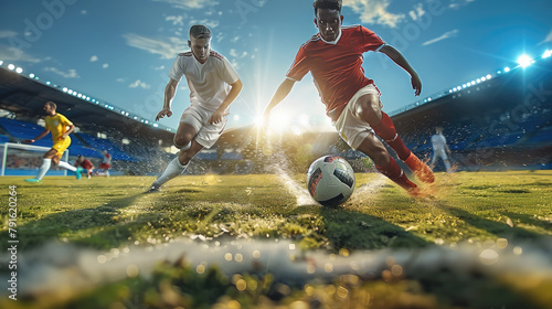 Two soccer players battling for control of a football. Generative AI. photo