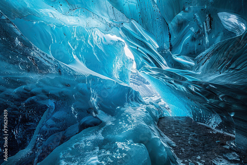 Generative ai on theme of entrance to blue ice cave covered with white snow inside a huge glacier