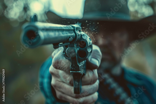 Generative ai on theme of a unshaven cowboy in leather hat with a pistol in a powerful male hand photo