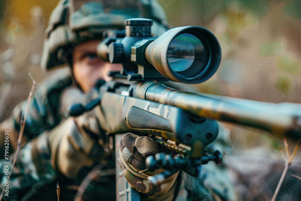 Generative ai on theme of a man aims through the optical sight of sniper rifle to hit the target Generative ai on theme of a man aims through the optical sight of sniper rifle to hit the target