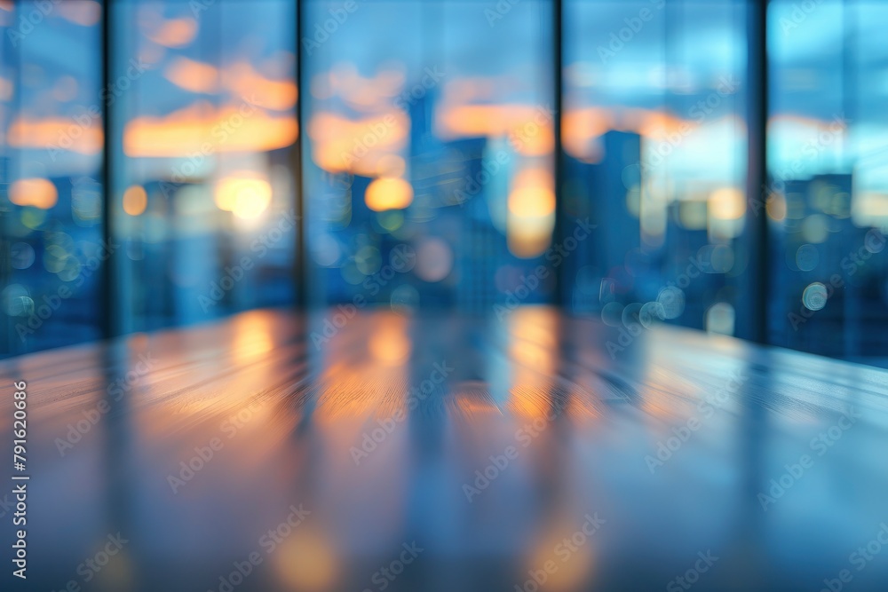 Table with blur background of corporate office conference room with glass interior for office product place on the table defocus office background. The office table made of wood - generative ai