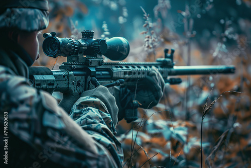 Generative ai on theme of a man aims through the optical sight of sniper rifle to hit the target photo