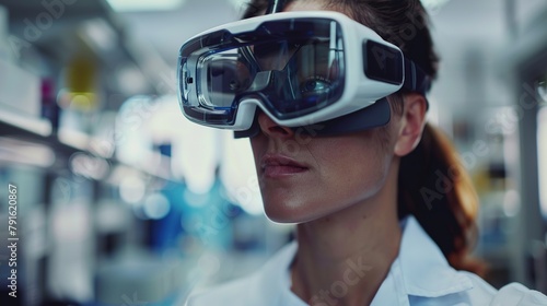 In the lab, a microbiologist wears safety glasses and uses virtual reality. A woman chemist conducting development-related scientific research while donning goggles with 3D simulation vision. Close up