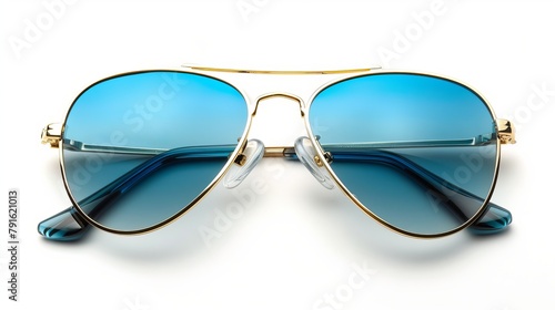 Top view of new, fashionable aviator sunglasses isolated on white.