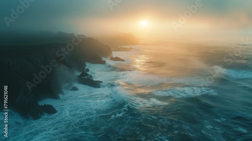 Ocean cliff at sunset with beautiful sky, clouds, and water below