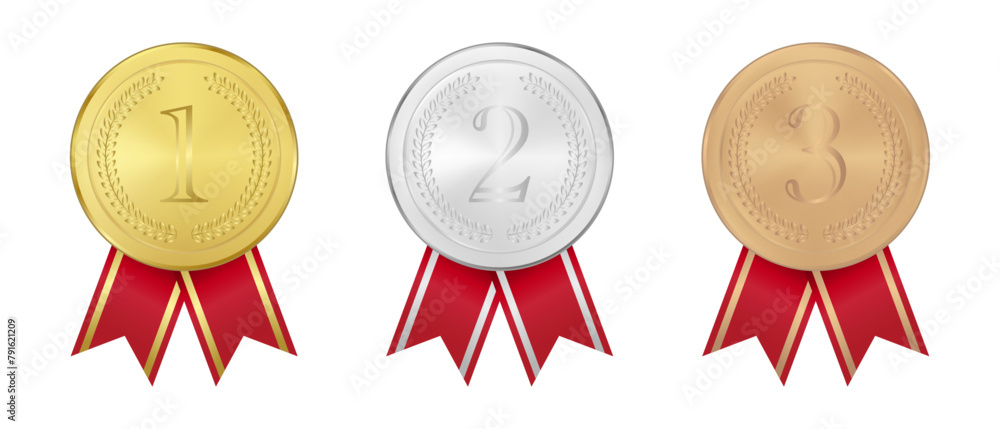 Winners medals in gold, silver, bronze with elegant red ribbon, isolated on transparent background. Winners medals in gold, silver, bronze with elegant red ribbon, isolated on transparent background.