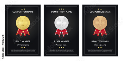 Sports competition winners banner, vector flyer layoutwith golden, silver, bronze medals and red ribbon on black background.