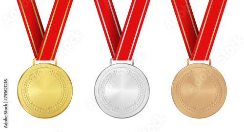 Award medals in gold, silver, bronze on transparent background with red ribbons