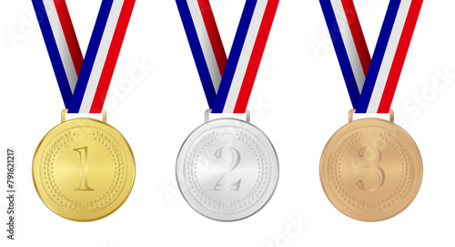 Realistic olympic sports medals in gold, silver, bronze on transparent background, ribbons with french flag colors blue, white, red,