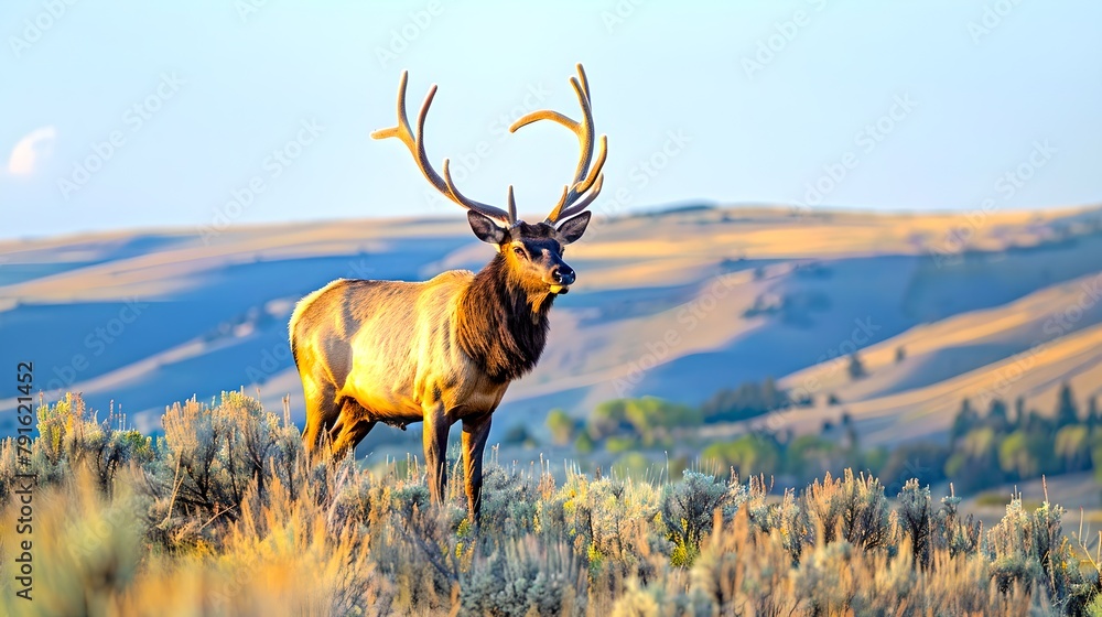 Majestic elk standing in open wild grassland during golden hour. Capturing the essence of wildlife, natural habitat. Perfect for nature themes. AI Majestic elk standing in open wild grassland during golden hour. Capturing the essence of wildlife, natural habitat. Perfect for nature themes. AI