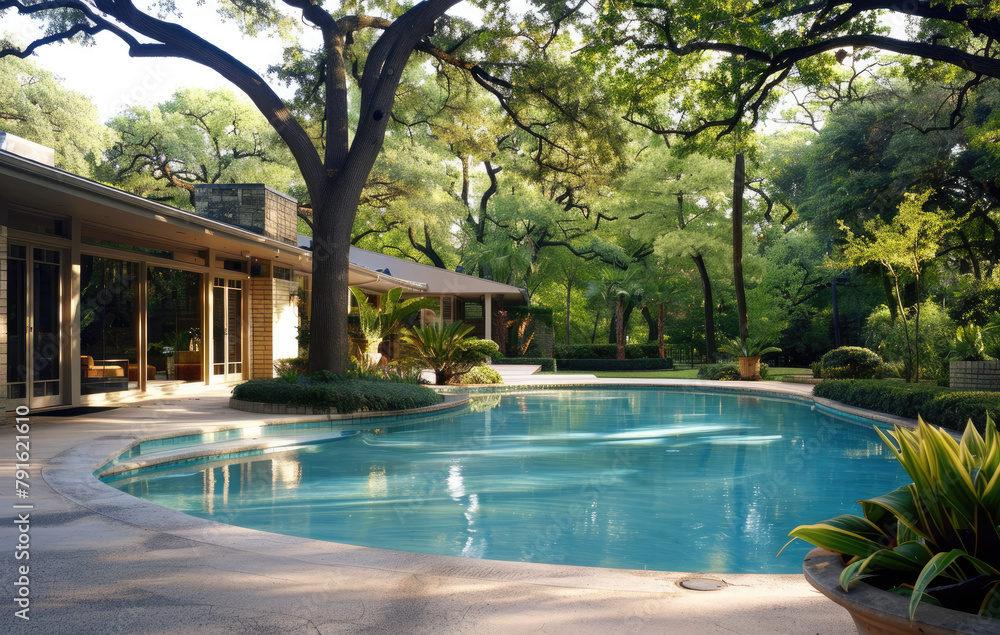 A large, simple pool in the backyard of an upperclass home with a concrete patio and trees and a blue sky