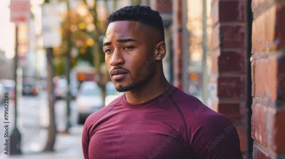 Fototapeta premium Breathe, black man face, and outside fitness break for city, wellbeing, and running. Runner, breathing and relax for sports training with motivation, focus mindset and thinking of goals