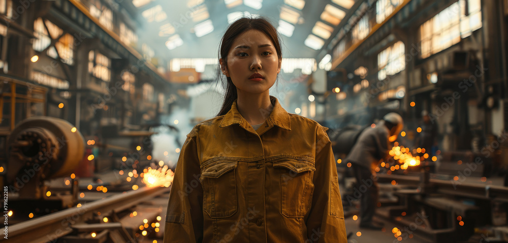 Chinese woman stands in inside a factory, behind her are long metal with factory workers welding, sparks are flying. Generative AI.