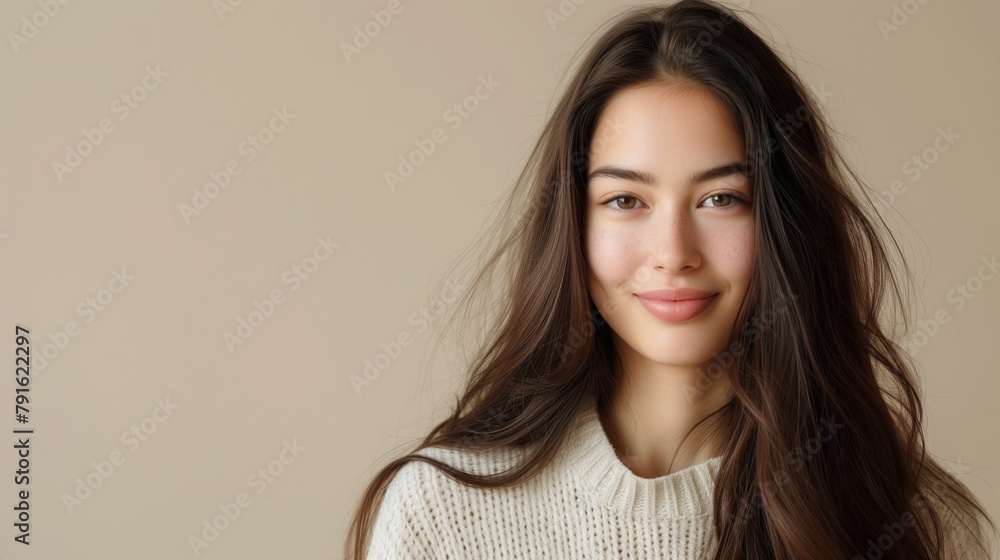 Smiling young woman with long groomed hair isolated on pastel flat beige background with copy space. Smiling young woman with long groomed hair isolated on pastel flat beige background with copy space.