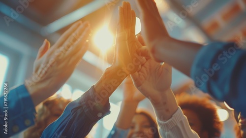 Building teams, hands, and businesspeople Motivating collaboration, support, and trust circle high five. Group accomplishment, mission, or office celebration closeup, collaboration and helping hand