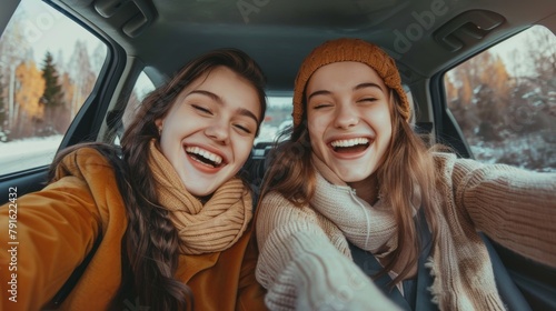 Car selfie, journey, or holiday excursion with woman, friends, and portrait. Happy women smile for photos or social media while travel, transport, or vacations. © LukaszDesign
