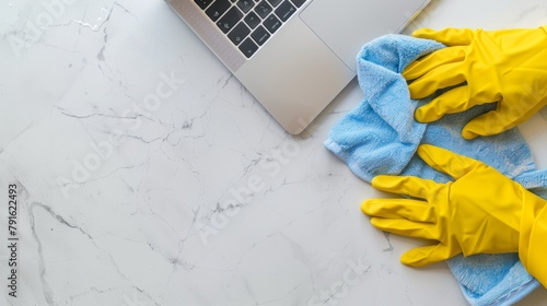 Cleaning, keyboard, and cloth for office policy, compliance, and covid healthcare. Modern office desk, workspace, and cleaner remove dust and bacteria. photo