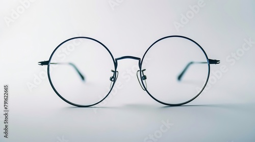 Metal-framed round glasses on a table with a white backdrop