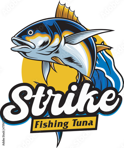 Vector Illustration of Tuna Fish and Waves with Vintage Illustration Available for Logo Badge