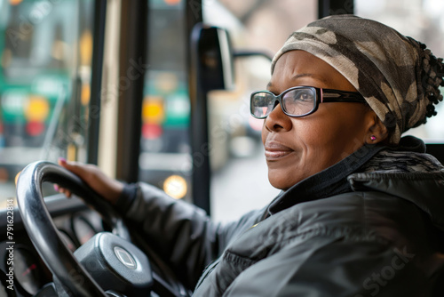 Focused woman bus driver is guiding her vehicle through city streets