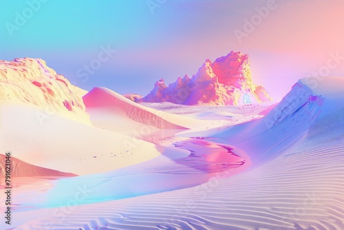 Rainbow oasis A desert scene transformed with pastel sand dunes and a neon oasis in the distance