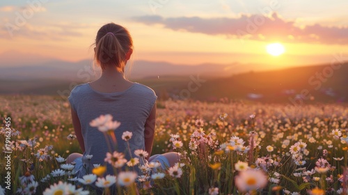 A woman sitting in a field of flowers at sunset, AI