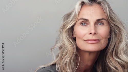 Beautiful gorgeous 50s mid aged mature woman in light clothes looking at camera isolated on white with healthy glowing skin and perfect skincare