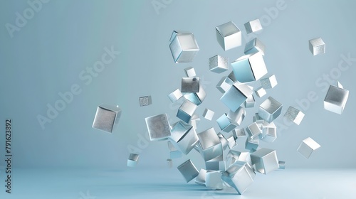 Abstract floating cubes on a calm blue backdrop illustrate concepts of technology and digitalization. Modern art style. Ideal for contemporary designs. AI.
