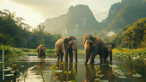 Wild Elephants Bathing in Tropical River at Sunrise © Nutchapol