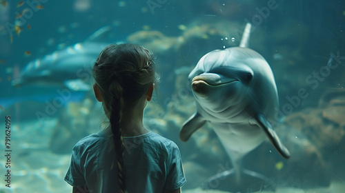 Young Girl Meeting Dolphin at Aquarium