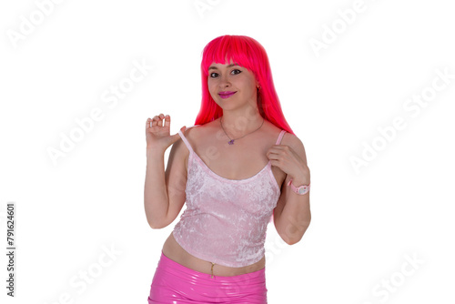 Woman dressed like a doll. Young beautiful sexy woman in camisole and pink skirt on white background. Red hair girl wears pink wig with fringe. Showing different emotions. Flirting