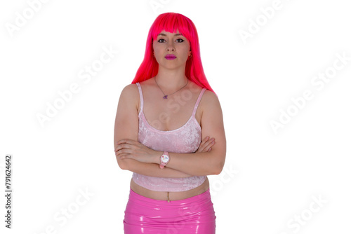 Woman dressed like a doll. Young beautiful sexy woman in camisole and pink skirt on white background. Red hair girl wears pink wig with fringe. Showing different emotions. Closed pose