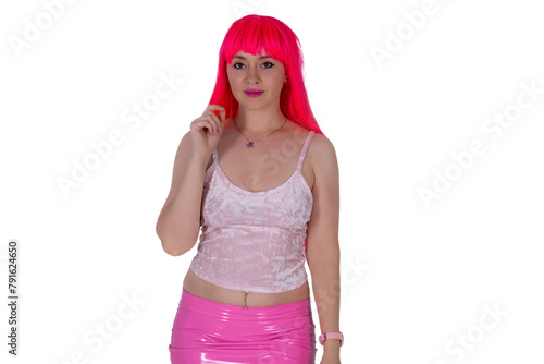 Mysterious woman dressed like a doll. Young beautiful sexy woman in camisole and pink skirt on white background. Red hair girl wears pink wig with fringe. Showing different emotions